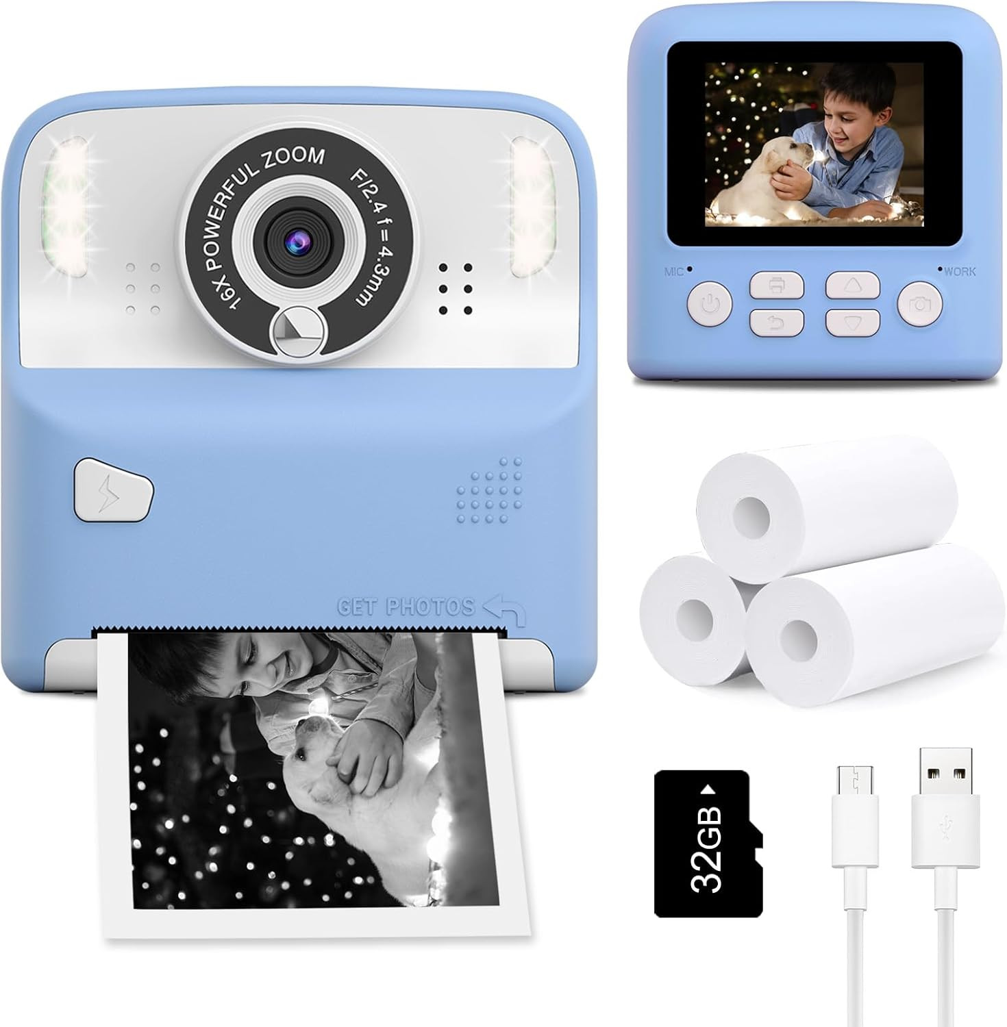 Instant Print Camera for Kids, Christmas Birthday Gifts for Age 3-12, 2.4 Inch S
