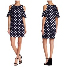 NEW Eliza J Cold Shoulder Polka Dots Mini Dress Navy White Women Size 2