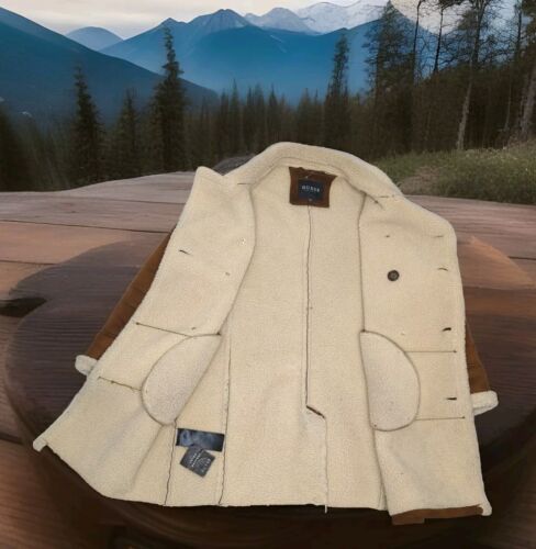 $350 GUESS Cognac Faux Shearling Suede Overcoat Jacket Mens Small Brown Winter - Picture 13 of 16