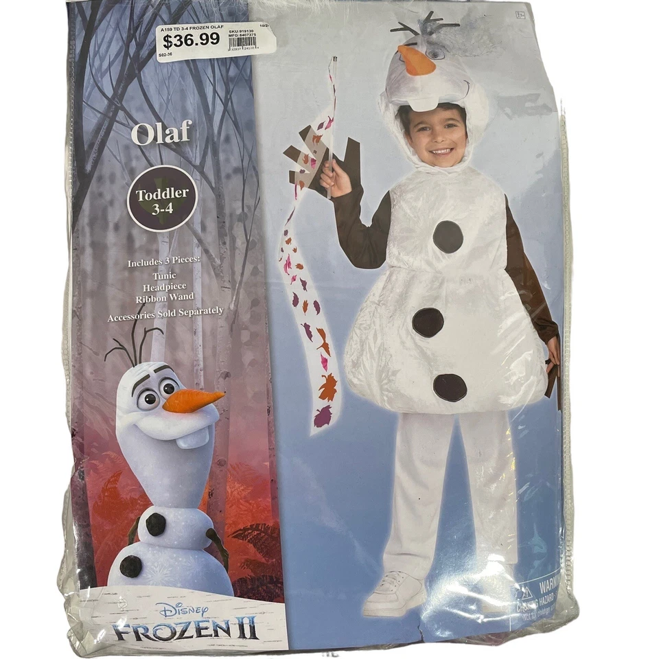 Disney Frozen 2 Olaf Halloween Disfraz Niño 3-4 Túnica Cabeza Pieza Cinta Varita Foto 2 de 4