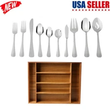 Flatware Set Wooden Tray Organizer Kitchen Dining Room 45 Piece Stainless Steel