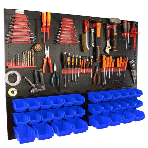 Botle® Werkzeugwand Metall, 32 Stapelboxen Wandregal + Werkzeughalter 59-Tlg Set-image