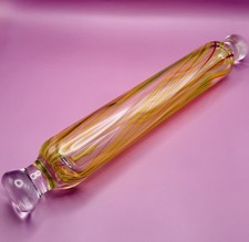 Murano Style Nailsea Hand Blown Glass Rolling Pin 15.5" | Yellow & Red w/ Pontil