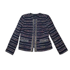 Talbots Fringe Tweed Jacket Blazer Womens 8 Navy Blue Colorful Striped Work Prep