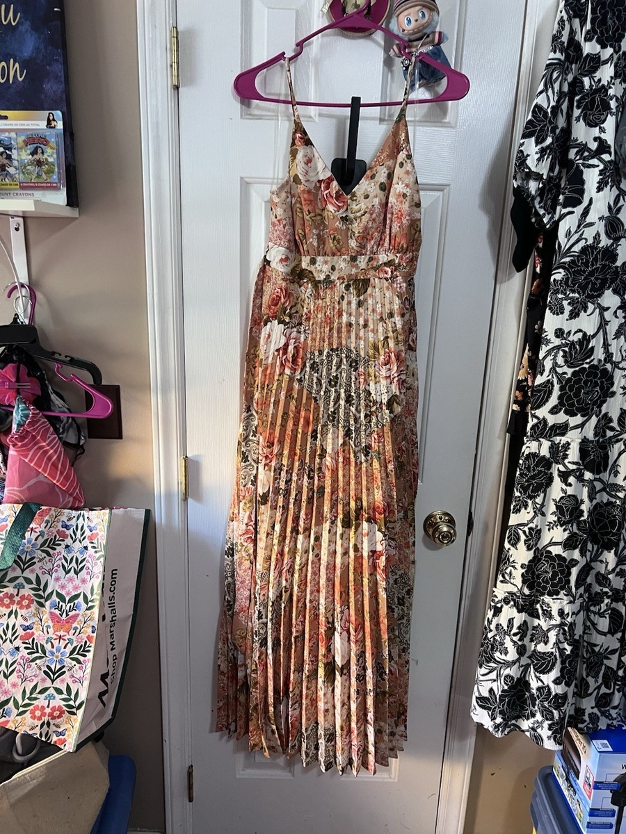 Jessica Simpson Multicolor Floral Pleated Maxi Dress V-Neck Spaghetti Strap  L