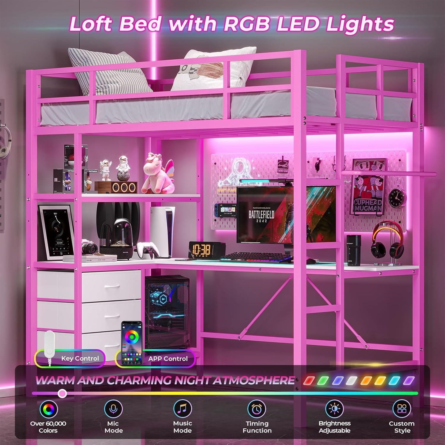 Twin Metal Loft Bed with LED Lights,Charging Station,L-Shape