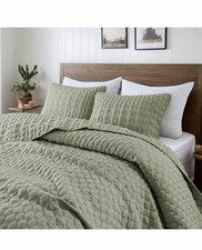 Queen 3-Piece Quilt Set Geometric Green All Seasons Machine Washable w/2 Shams