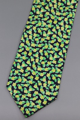 Ungaro Paris Vintage Silk Tie   Green Floral Pattern on Navy