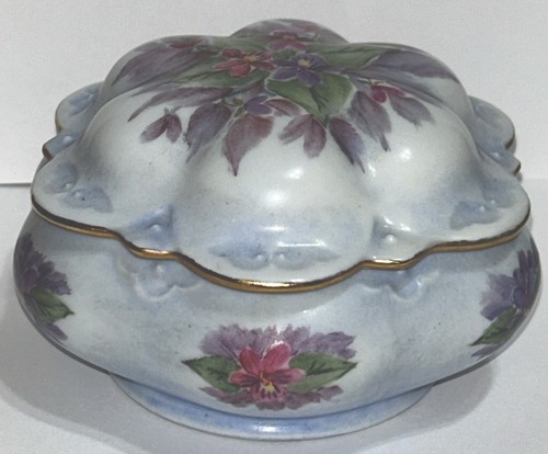 Vintage Hand Painted Pink & Purple Floral Trinket Dish With Lid 3” T By 5.5” W - Picture 23 of 24