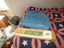 VINTAGE CAMP INN CANVAS OPEN FRONT 5'X7' PUP TENT WITH ORIGINAL BOX.