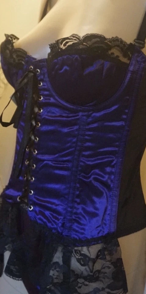 Purple Black Satin Lace Corset Basque Suspenders & Thong 34B - Image 2 of 4