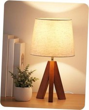 Tripod Table Lamp, 14.6 Inch Small Bedside Lamp with Beige Linen Beige Pearwood