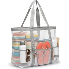 F-color Mesh Beach Bag - Large Tote 9 with Bottom, White