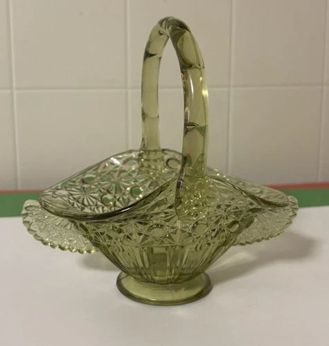 Vintage Fenton Glass Olive green Daisy & Button Wings 5.5” Tall Handled Basket