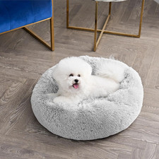 Devon Faux Fur Medium Gray round Pet Bed for Dogs and Cats