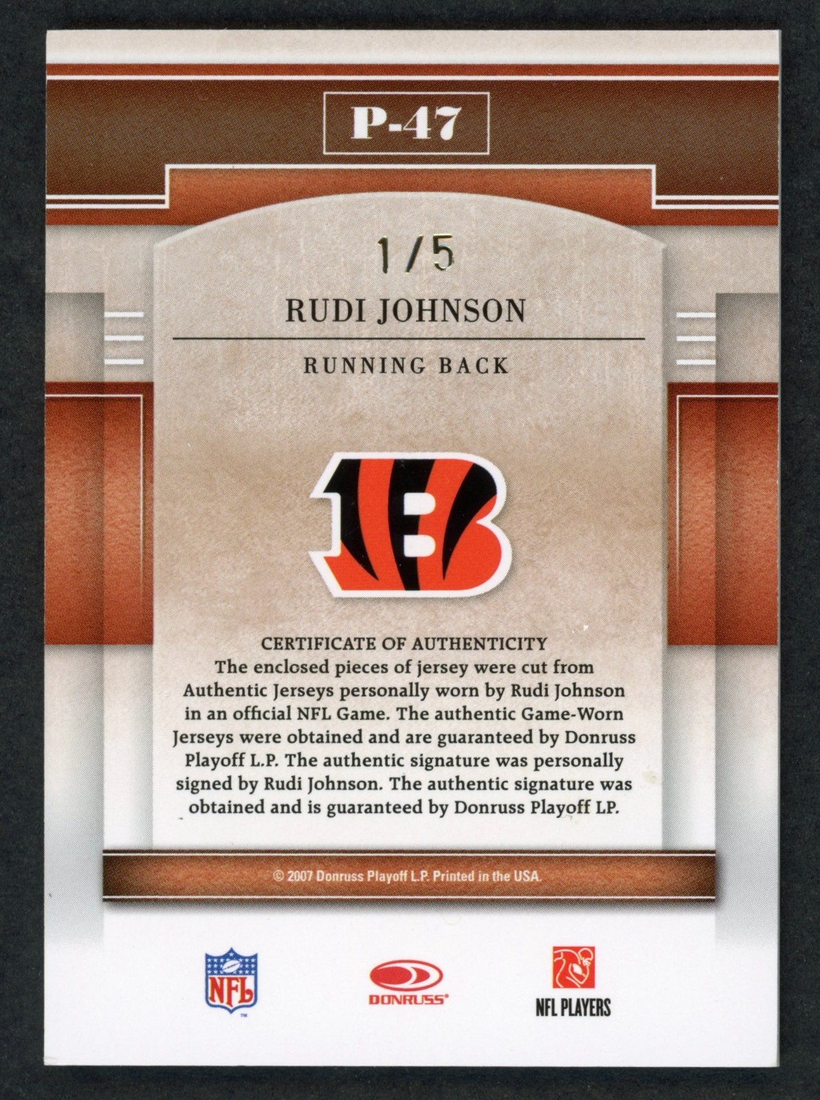 2007 GRIDIRON GEAR RUDI JOHNSON AUTO GAME USED TAG PATCH GU #1/5 SSP BENGALS view 2