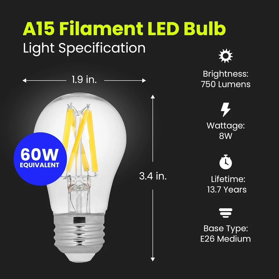 Vintage-Style Dimmable A15 LED Bulb, 60W Equivalent, 2700K Soft White - 12 Pack - Image 4 of 4