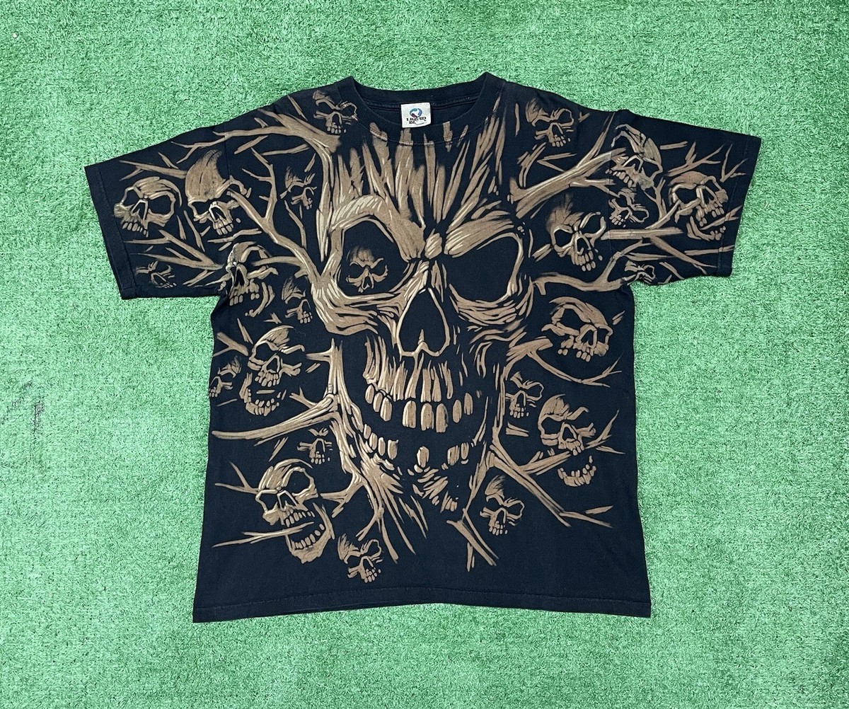 Vintage AOP All Over Print Skulls T Shirt Size Medium Liquid