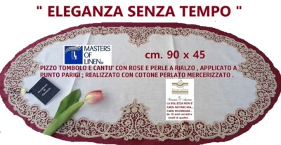 Zentrum Oval Cm. 90 x 45 Beige, Leinen Spitze Tombolo Und Cantu Fatto a mano