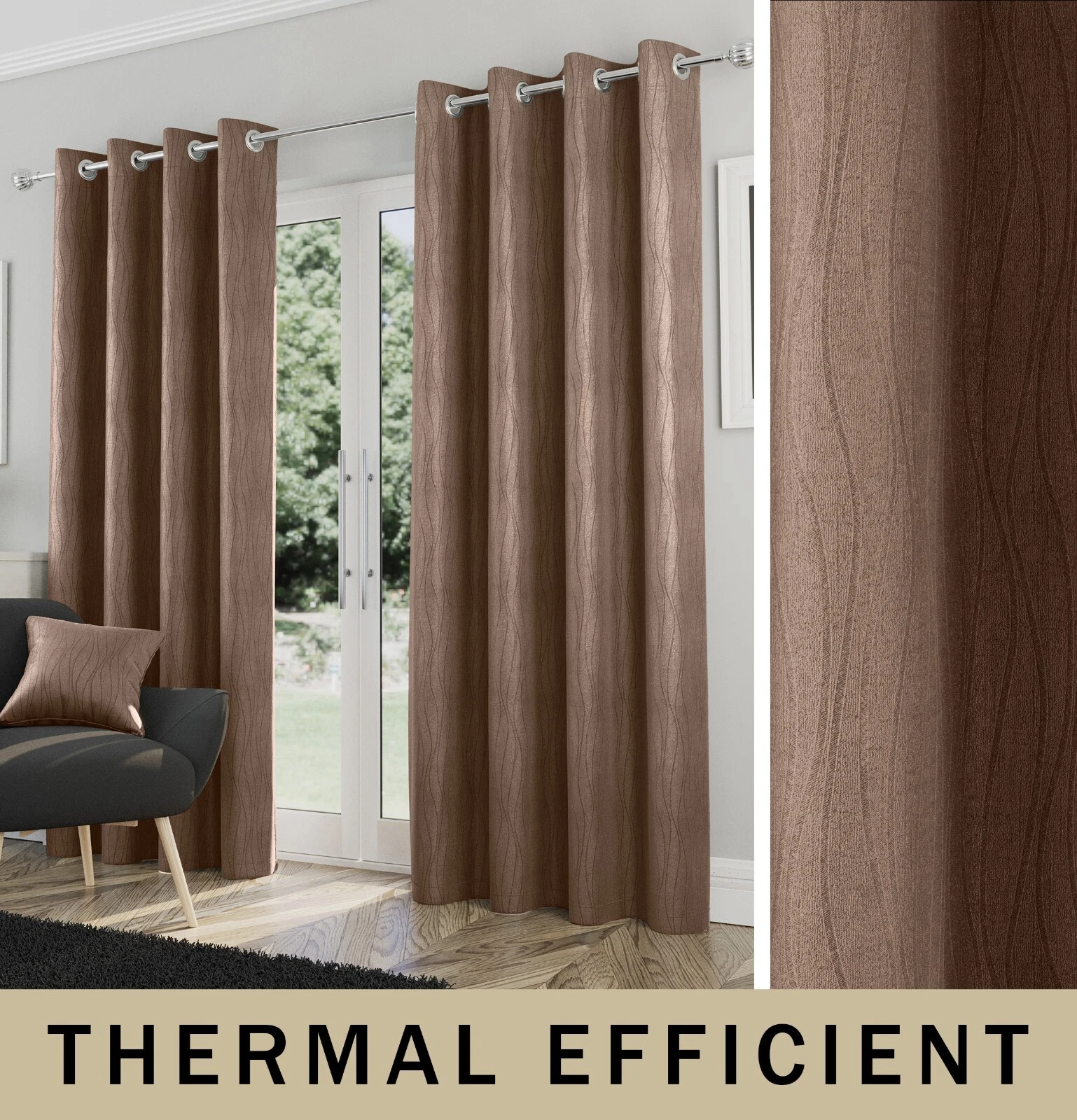 Goodwood Eyelet Curtains - Bronze Thermal Readymade Pair with Wave Design