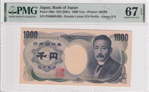 Japón 1000 yenes ND 2001 P 100e verde S/N UNC PMG 67 EPQ BAJO NÚMERO DE SERIE 000545 - Imagen 1 de 2