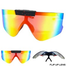 OVERSIZED Retro SPORTY WRAP AROUND Cycling Shield SUN GLASSES Gold Flip Up Lens