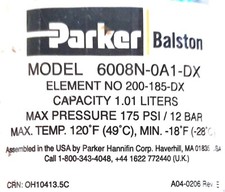 Parker Balston 6008N-0A1-DX Capacity 1.01 Liters Maximum Pressure 175 PSI/12BAR