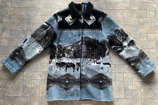 Vtg Outbrook Women’s Blue Plush Fleece Coat Southwestern Horses Buttons Aztec L