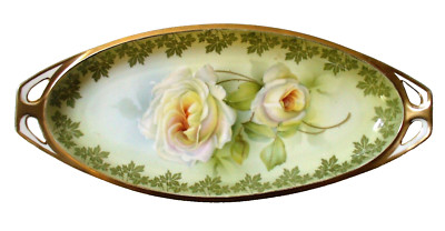 Vint~RS GERMANY~Prussia~PORCELAIN~Floral~ROSES~Leaf Border~CELERY DISH~Gold