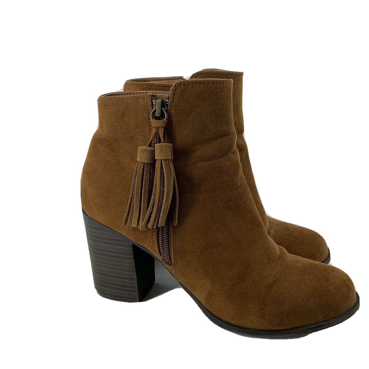 E-Spirit Brown Chunky Heel Ankle Booties Boots Tassel Detail - Main Image