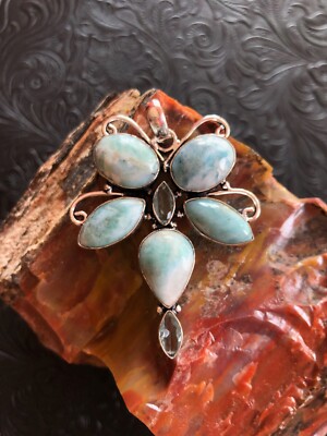 Cloudy Sky Blue Larimar Large Butterfly Pendant 2.25'' Artisan Southwest