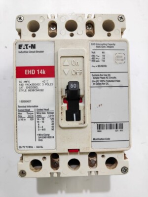 Eaton EHD3060BP10 60 Amp 3 Pole 480V EHD 14K Circuit Breaker