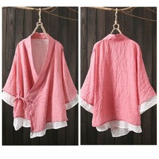 Donna Cotone Lino Kimono Cappotto Giacca Doppio Strato Tinta Unita Rosso Fuoco