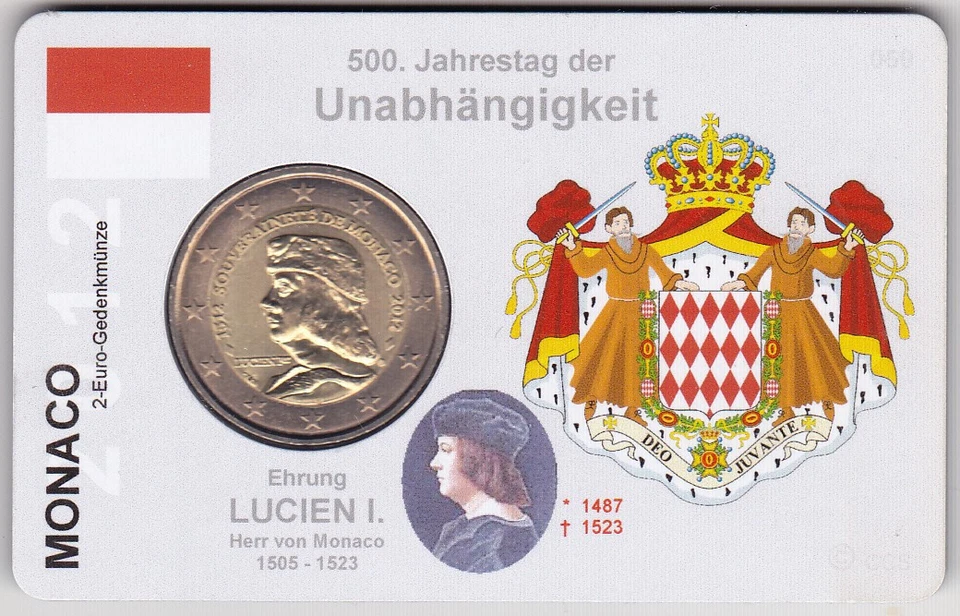 2 Euro MONACO 2012 MC 169 * 500 Jahre Unabhängigkeit - LUCIEN I. * CoinCard - Bild 1 von 1