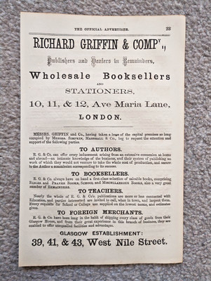 Richard Griffin & Company Bookseller- Antique Advertising Print - 1859 (Ref V2)