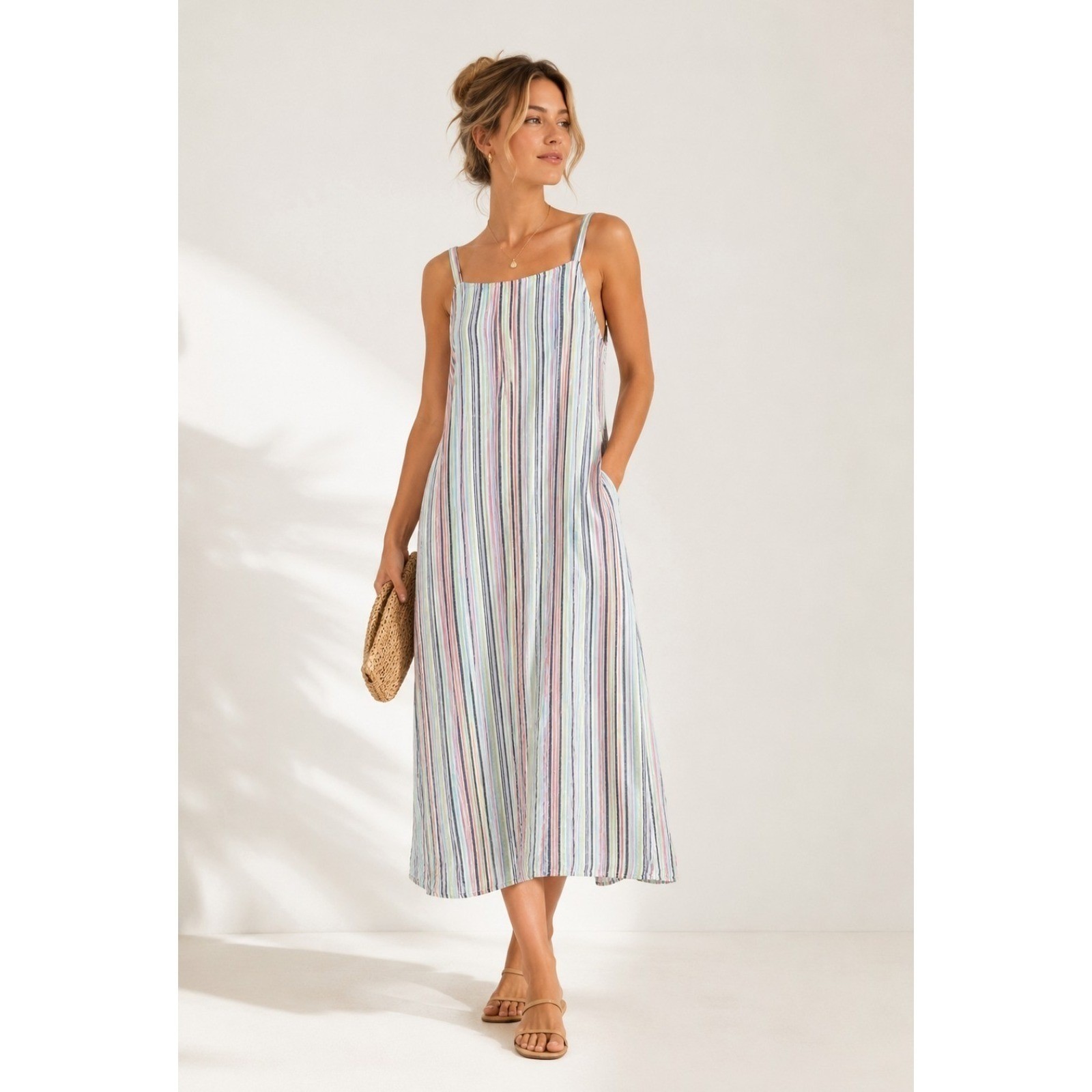 Old Navy Cami Slip Maxi Dress L Tall Multi Stripe Linen Blend Smocked Side Slit
