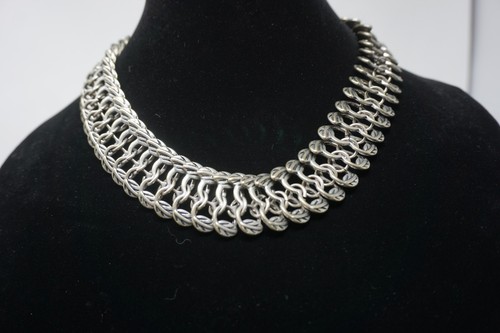 Vintage silberfarbene schwere Kettenhemd Kette Glieder Halskette Blatt klobig Gothic 19 Zoll - Bild 3 von 6