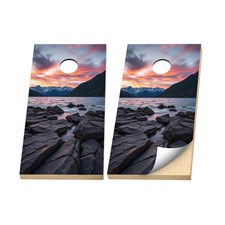 Premium Cornhole Vinyl Wraps - 3M Decal - Outdoor - Mountain Lake Sunset rocks