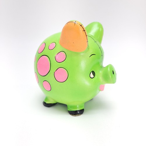 Vintage Wales Piggy Bank Neon Chalkware Coin Psychedelic Pink Green Japan