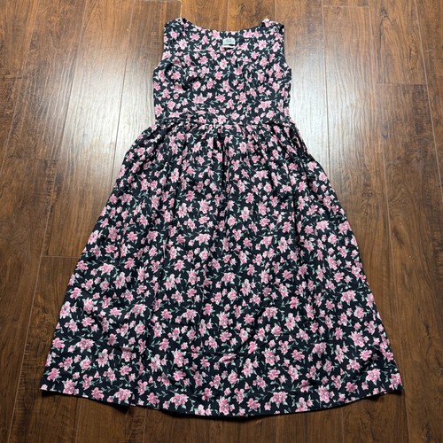 Laura Ashley, Vintage Laura Ashley Sleeveless Cotton Midi Dress Women Size 12 Black Floral