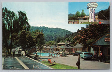Postcard Laurelwood Motel Gatlinburg TN Pool Shuffleboard and Entrance View