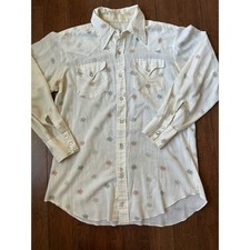 Vintage H Bar C Western Pearl Snap Shirt White Snowflake Print California XL