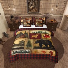 Bear Cabin Plaid 7 Piece Comforter Set,Rustic King Red Black Green Brown