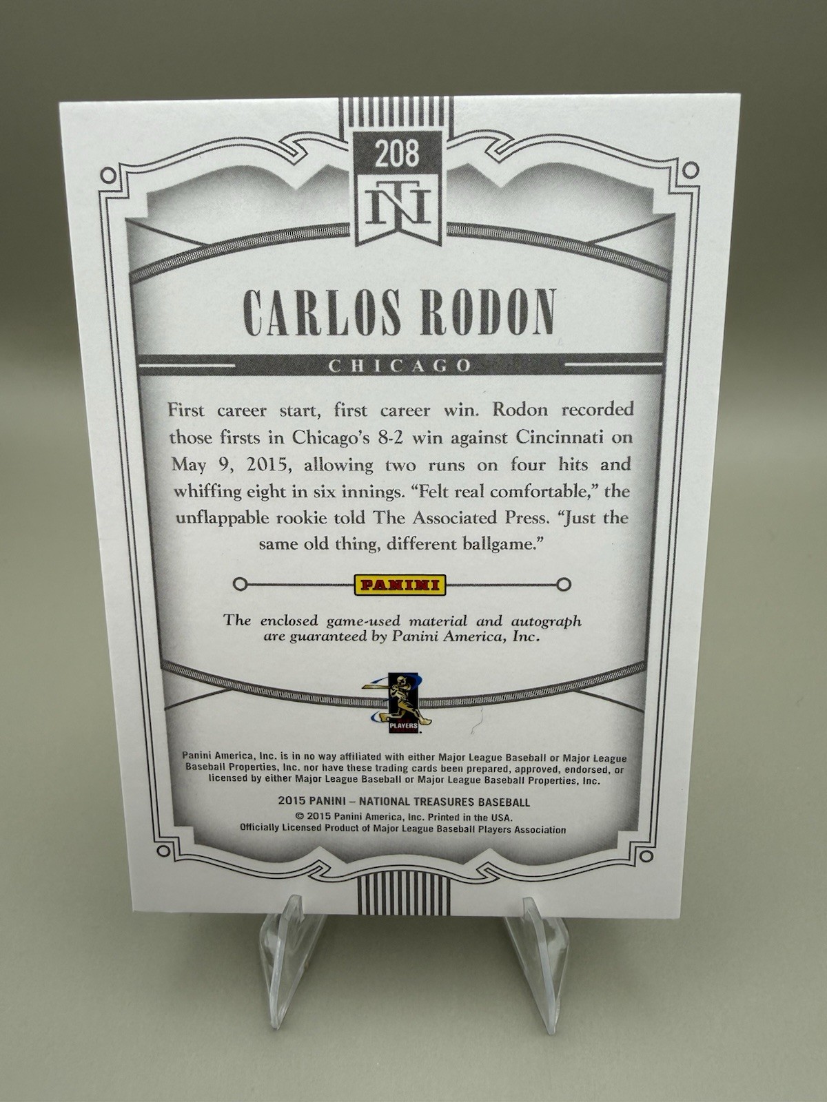 2015 National Treasures Auto Jumbo Jersey RPA SP /99 Carlos Rodon RC #208 view 2