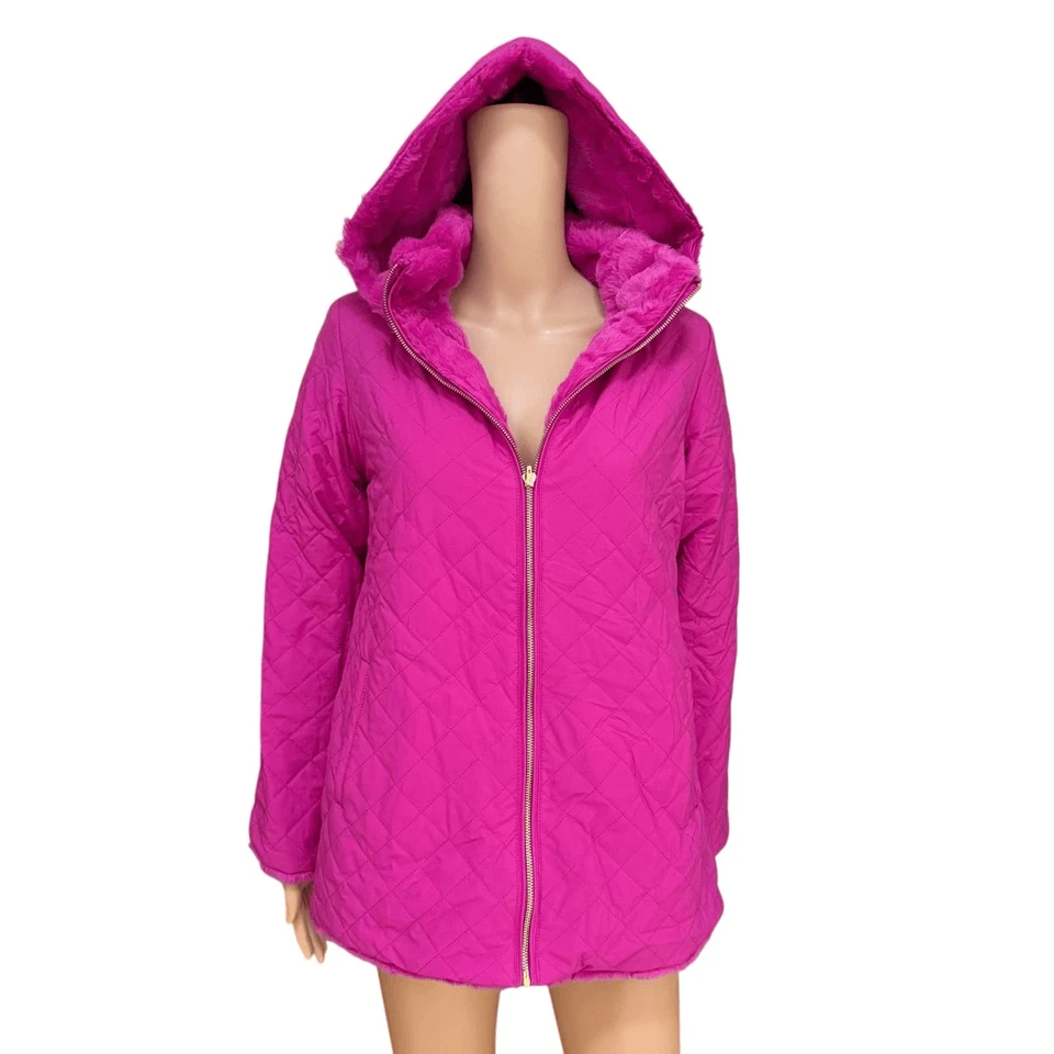 Abrigo IMAN de piel sintética fucsia reversible con capucha chaqueta acolchada para mujer talla XS NUEVO SIN ETIQUETAS Foto 2 de 4