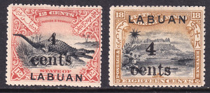 Labuan (North Borneo) unused 1904 4 cents on 12c and 18c issues