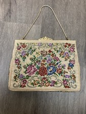 Vintage 1950s Petit Point Floral Needlepoint Clutch Gold Frame