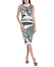 NWT Gracia Womens White Black Abstract Crewneck Fitted Knit Midi Sheath Dress M