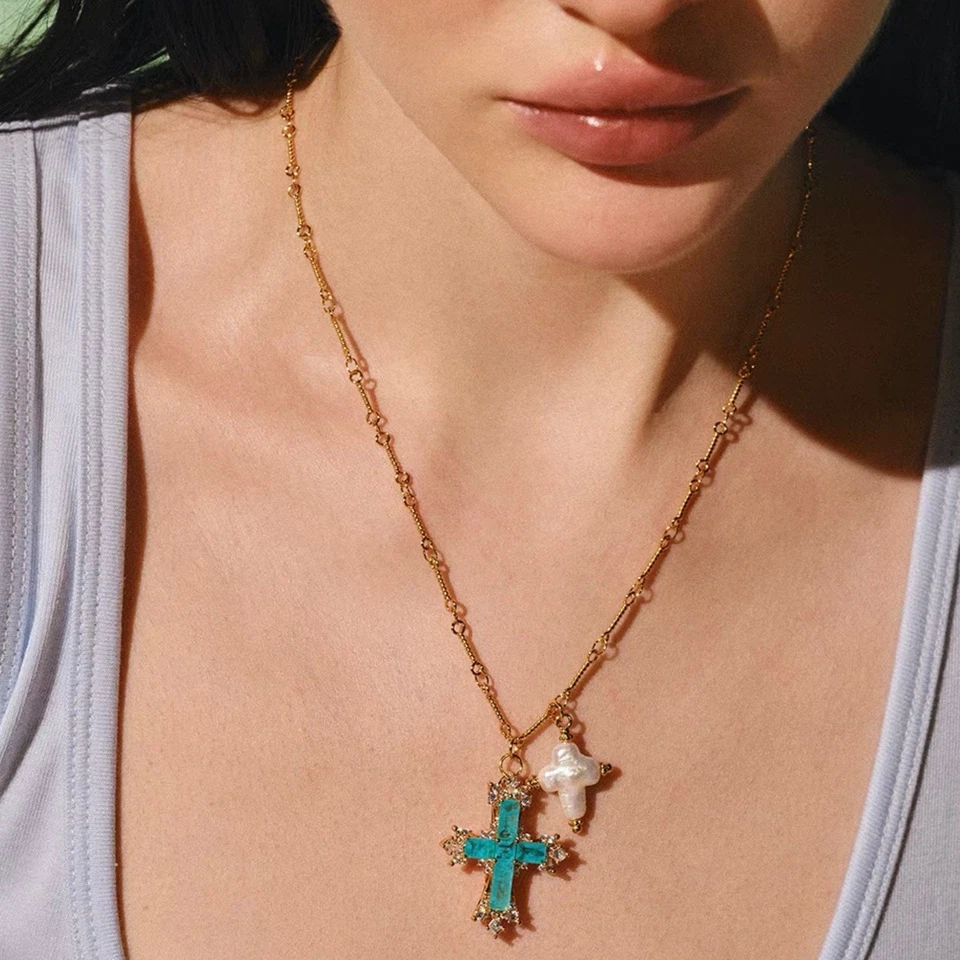 Collar Cruz Paraiaba Siciliana Retro - Cadena Oro K Perla Doble Colgante De Colección Foto 3 de 4