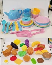 Child's Pretend Tea Set, Dishes, Pretend Food Pink/Blue/Yellow/Green 4 Settings